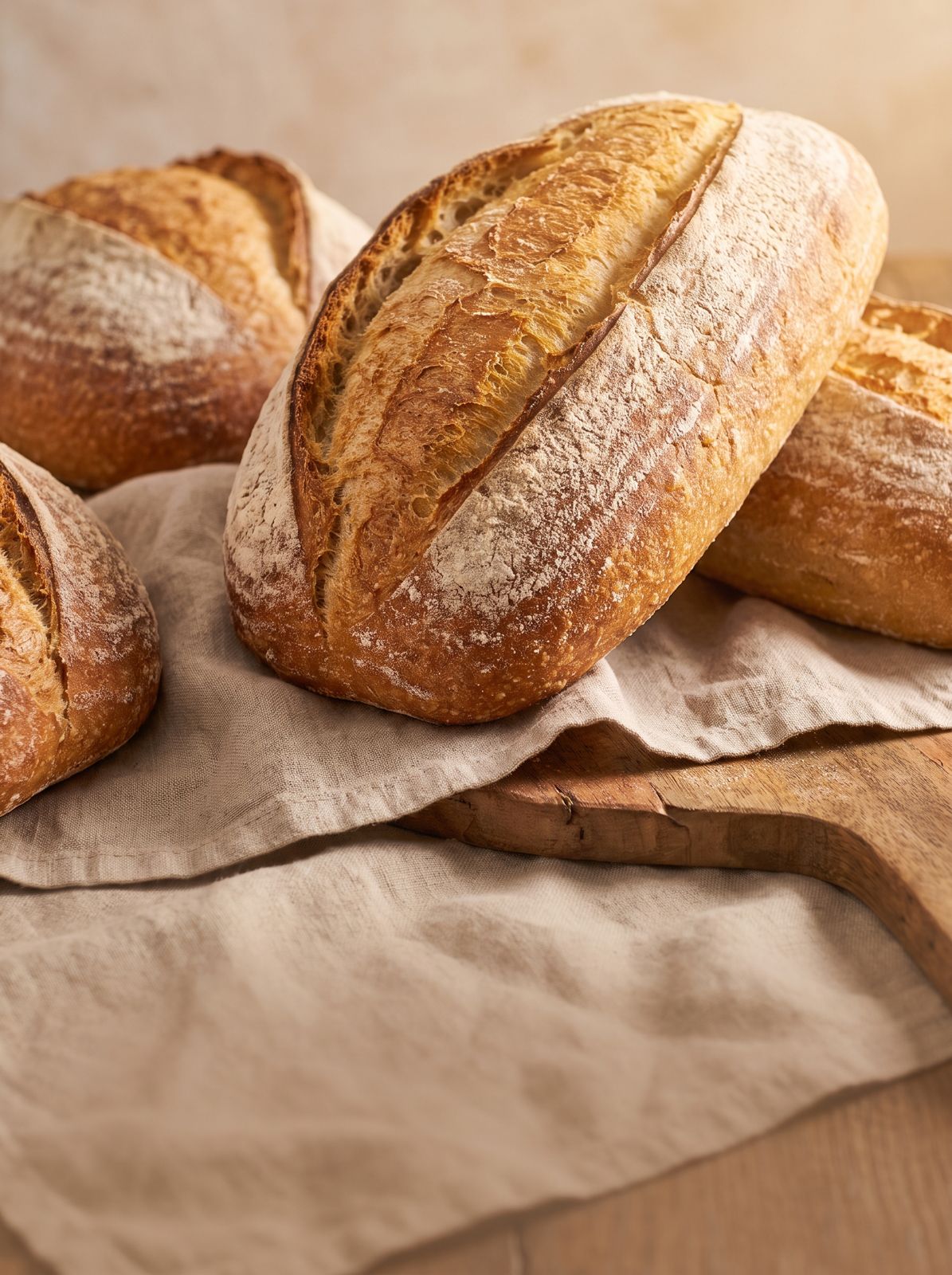 Frisch gebackene Brotlaibe auf Leinentuch