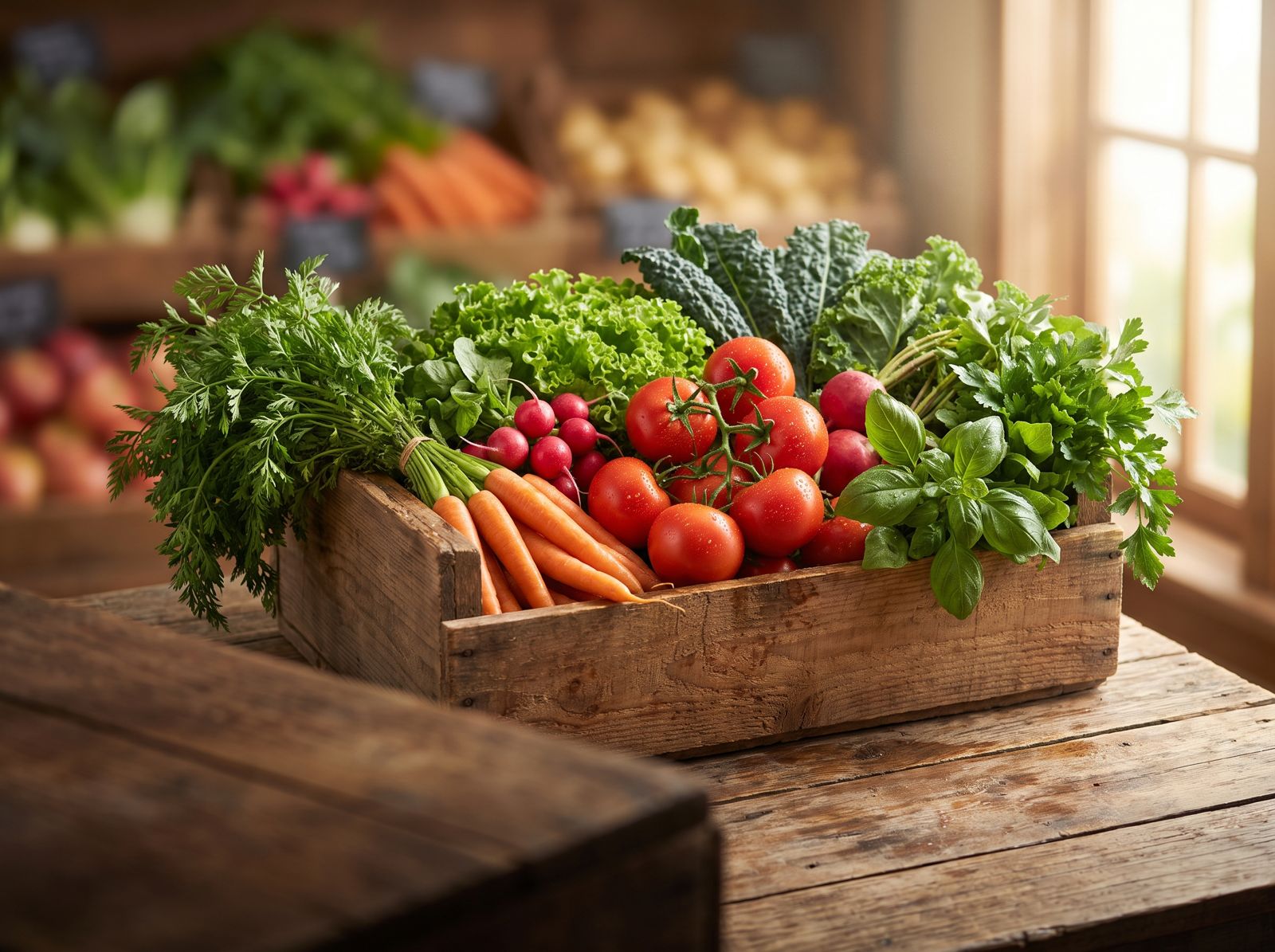 Kiste mit frischem Gemüse: Tomaten, Möhren, Radieschen und Salat