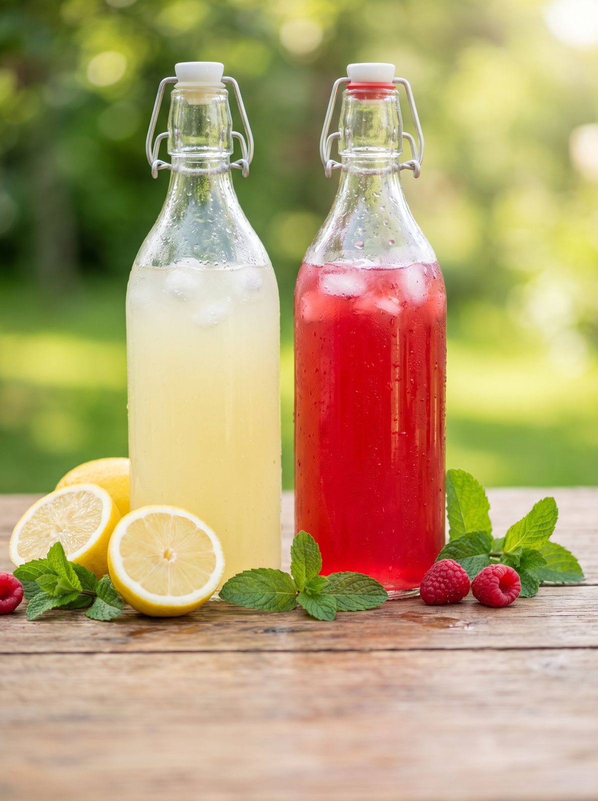 Zwei Flaschen hausgemachte Limonade mit Zitronen und Minze